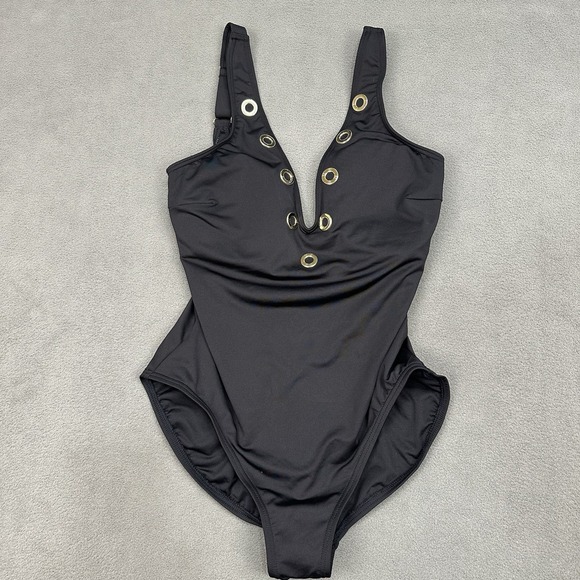 Michael Kors Black‎ One Piece Swimsuit Size 12 Gold Grommet Detail V Neck NWT - Picture 4 of 11